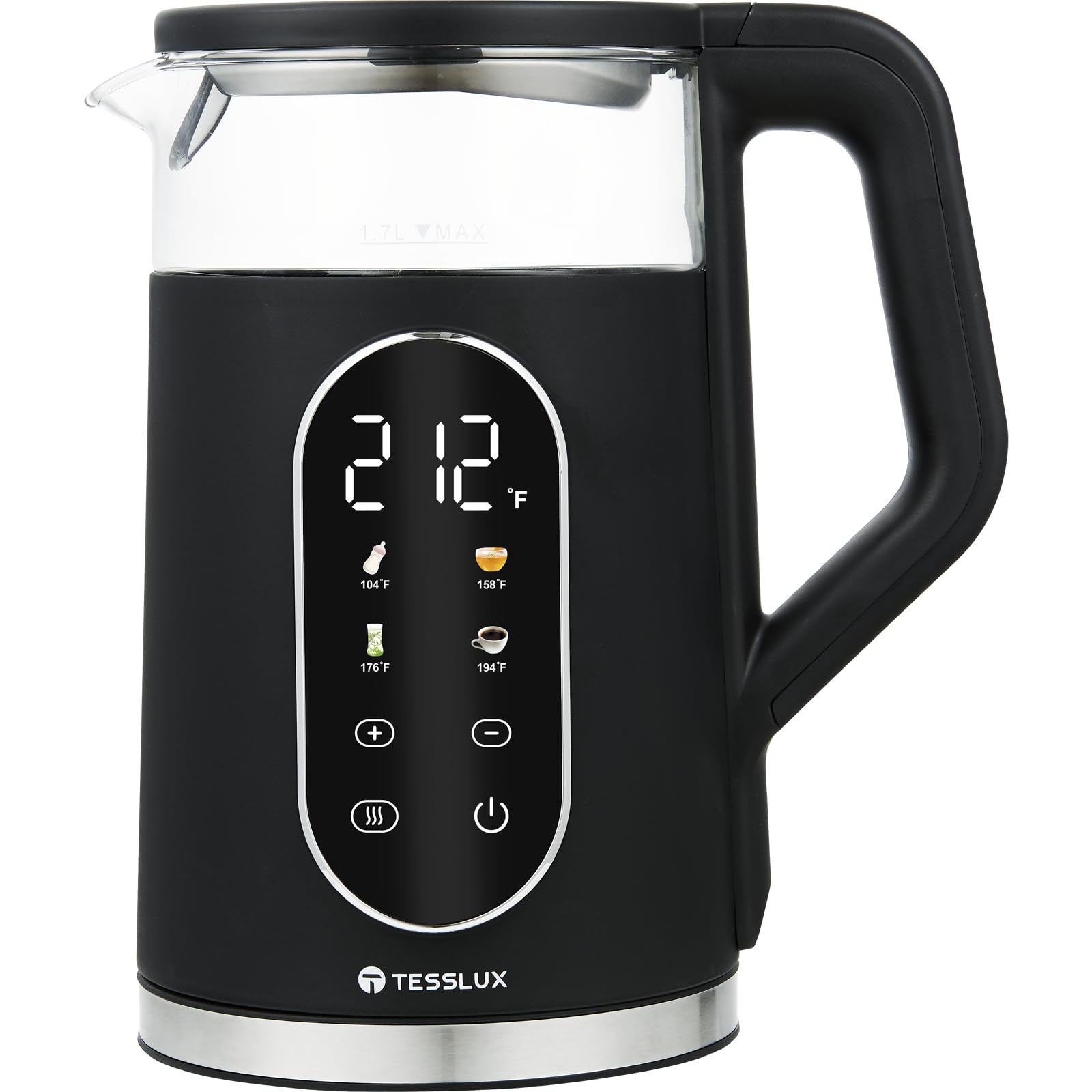 Tesslux Electric Tea Kettle, 1.7 Liter / 1500W Water Boiler Heater with Temperature Control, Cordless, BPA-Free, 4 Preset Heating Programs, Glass Boiling Teapot, Black