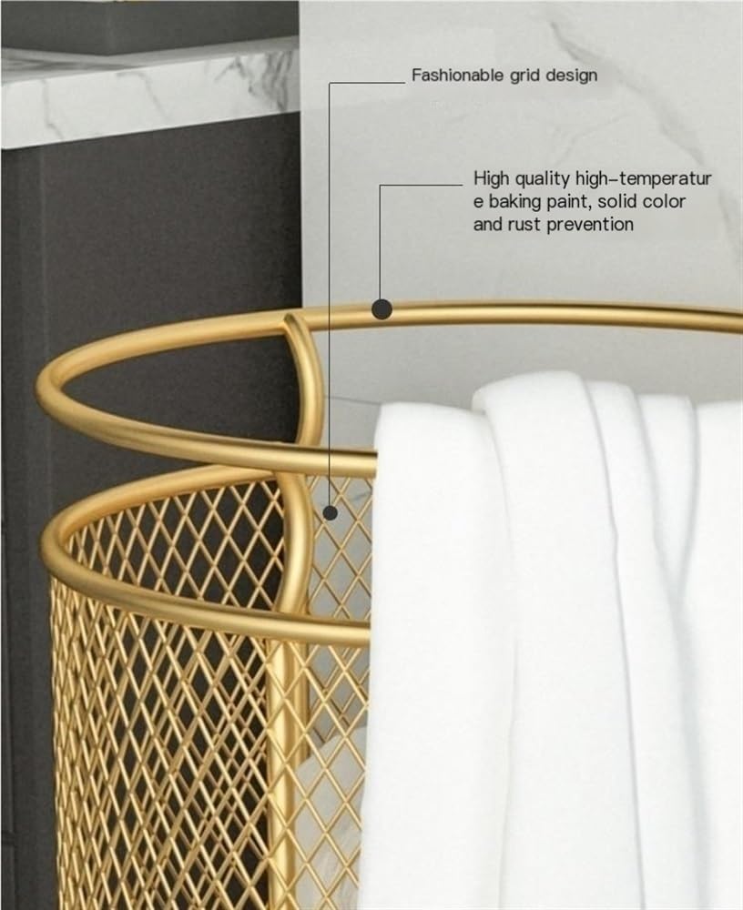 ZYHYZLF Metal Laundry Hamper with Wheels, Laundry Basket, Round Mesh Dirty Clothes Hamper, Laundry Basket Storage for Bathroom Laundry Room Living Room Bedroom or Balcony(Gold)