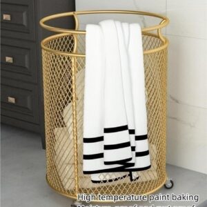 ZYHYZLF Metal Laundry Hamper with Wheels, Laundry Basket, Round Mesh Dirty Clothes Hamper, Laundry Basket Storage for Bathroom Laundry Room Living Room Bedroom or Balcony(Gold)