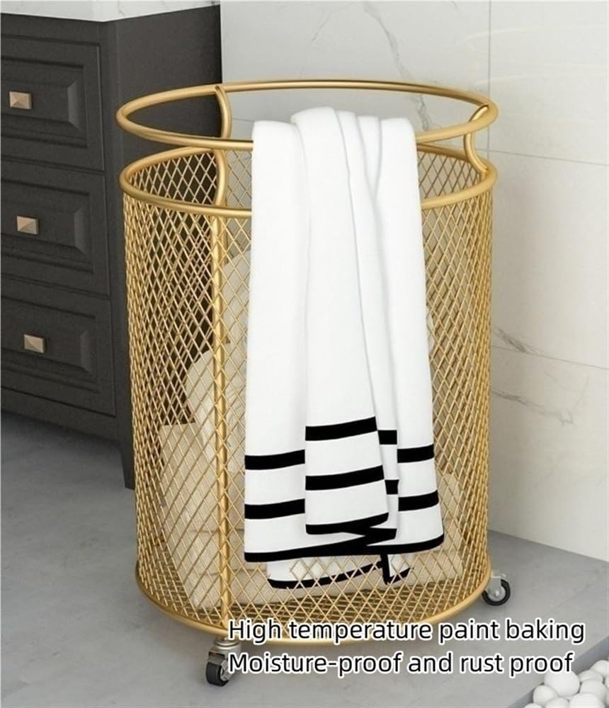 ZYHYZLF Metal Laundry Hamper with Wheels, Laundry Basket, Round Mesh Dirty Clothes Hamper, Laundry Basket Storage for Bathroom Laundry Room Living Room Bedroom or Balcony(Gold)