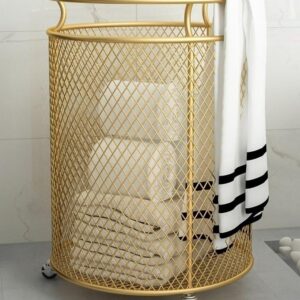 ZYHYZLF Metal Laundry Hamper with Wheels, Laundry Basket, Round Mesh Dirty Clothes Hamper, Laundry Basket Storage for Bathroom Laundry Room Living Room Bedroom or Balcony(Gold)