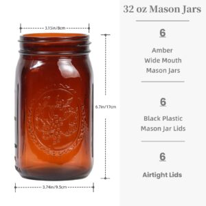 Yodecy 6 Pack 32 oz Amber Wide Mouth Mason Jars with Airtight Lids and Black Plastic Mason Jar Lids, Amber Canning Jars with Lids