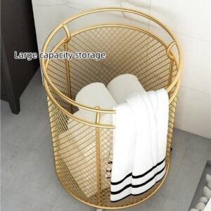 ZYHYZLF Metal Laundry Hamper with Wheels, Laundry Basket, Round Mesh Dirty Clothes Hamper, Laundry Basket Storage for Bathroom Laundry Room Living Room Bedroom or Balcony(Gold)