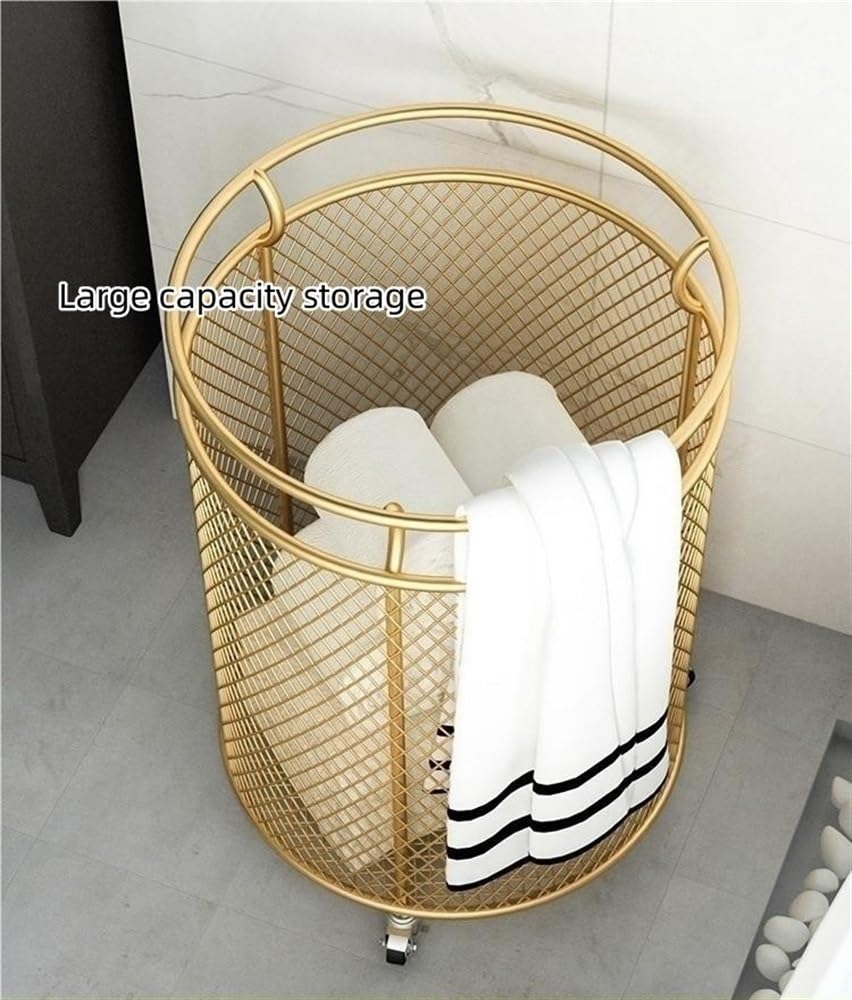 ZYHYZLF Metal Laundry Hamper with Wheels, Laundry Basket, Round Mesh Dirty Clothes Hamper, Laundry Basket Storage for Bathroom Laundry Room Living Room Bedroom or Balcony(Gold)