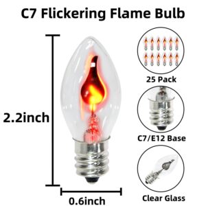 25 Pack C7 Flickering Flame Replacement Bulbs for String Lights Outdoor, E12 Screw Base, 120V 1W Halloween Light Bulbs for Halloween Indoor Outdoor Roofline Garden Patio Yard Party Decorations