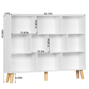 YAHARBO 10 Cube Large Bookshelf,3 Tier Bookcase with Legs,White Mid-Century Modern Bookshelves,Wide Free Standing Open Storage Organizer Shelf,Tall Wooden Book Case Furniture for Living Room,Office