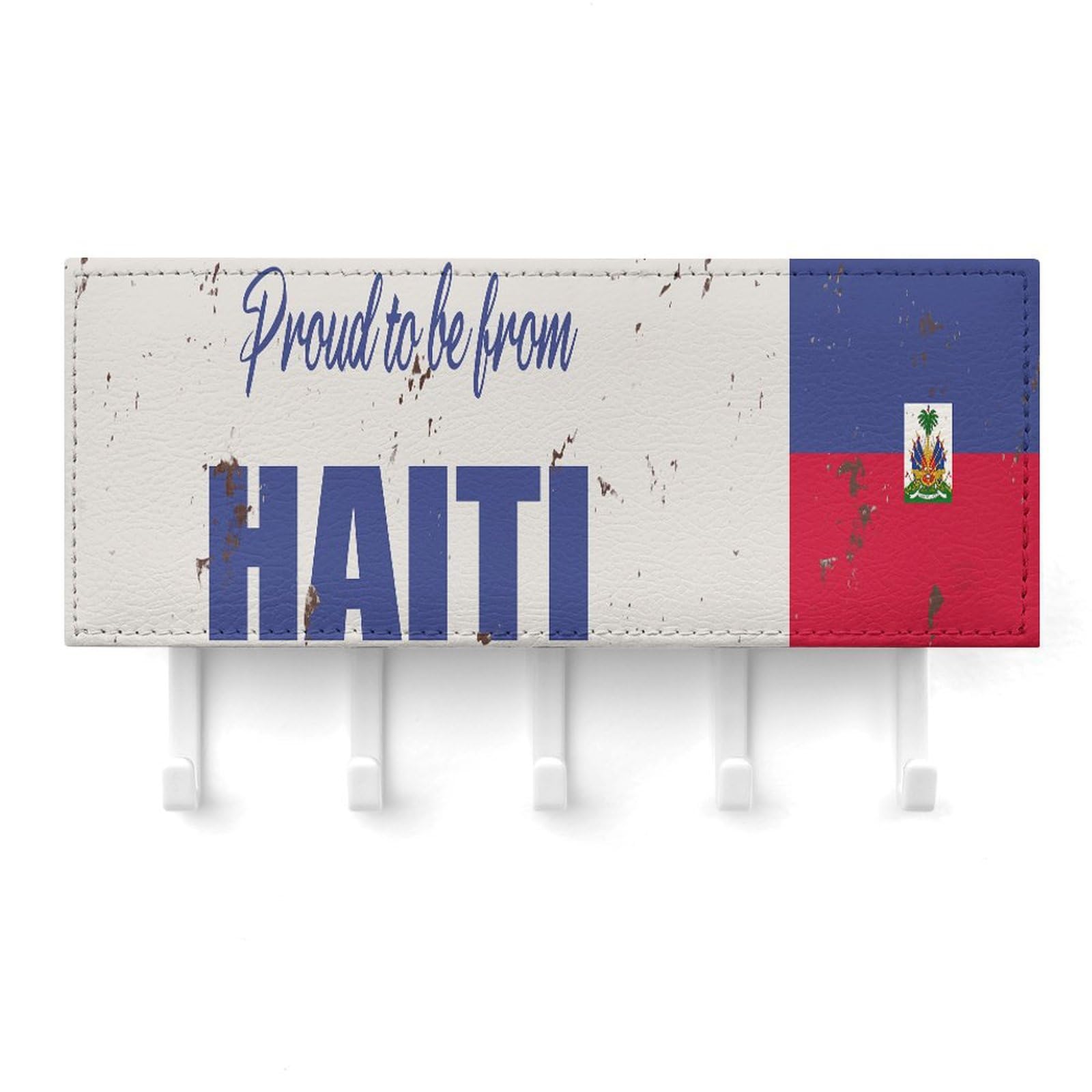 Proud to Be from Haiti Key Holder for Wall, Haiti National Flag Mail Holder and Key Rack for Entryway,Rustic Key Hangers with 5 Hooks, Wall Mount for Entryway, Mudroom, Hallway