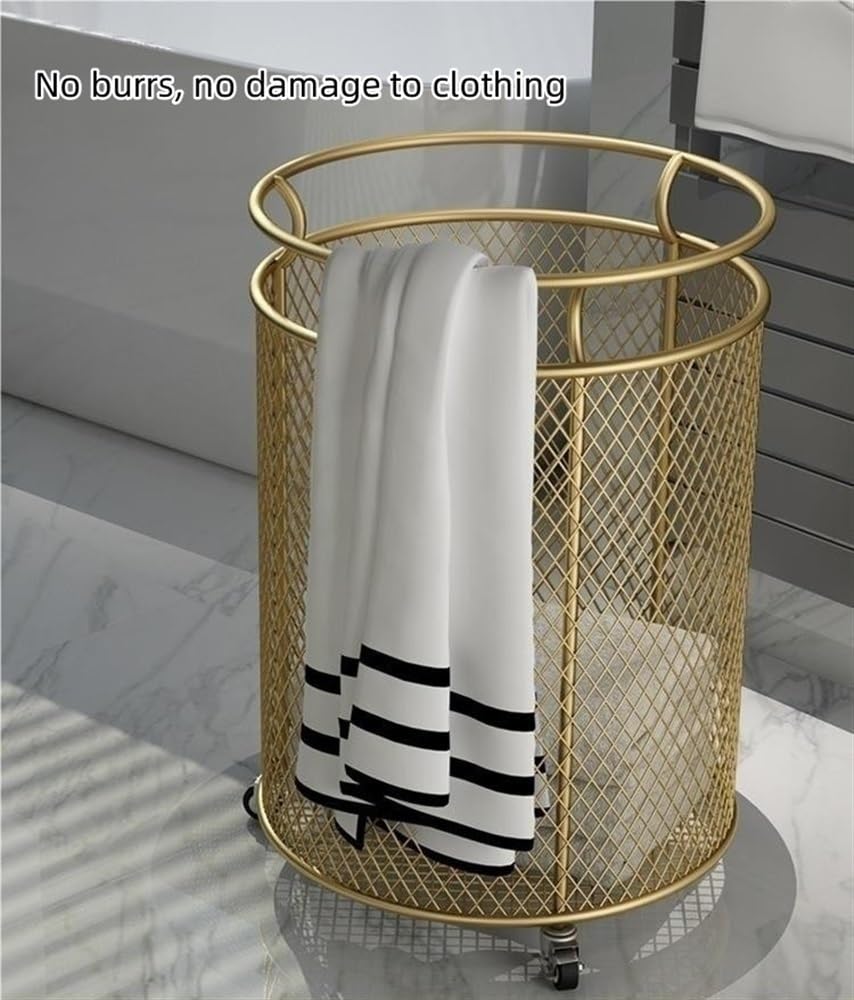 ZYHYZLF Metal Laundry Hamper with Wheels, Laundry Basket, Round Mesh Dirty Clothes Hamper, Laundry Basket Storage for Bathroom Laundry Room Living Room Bedroom or Balcony(Gold)