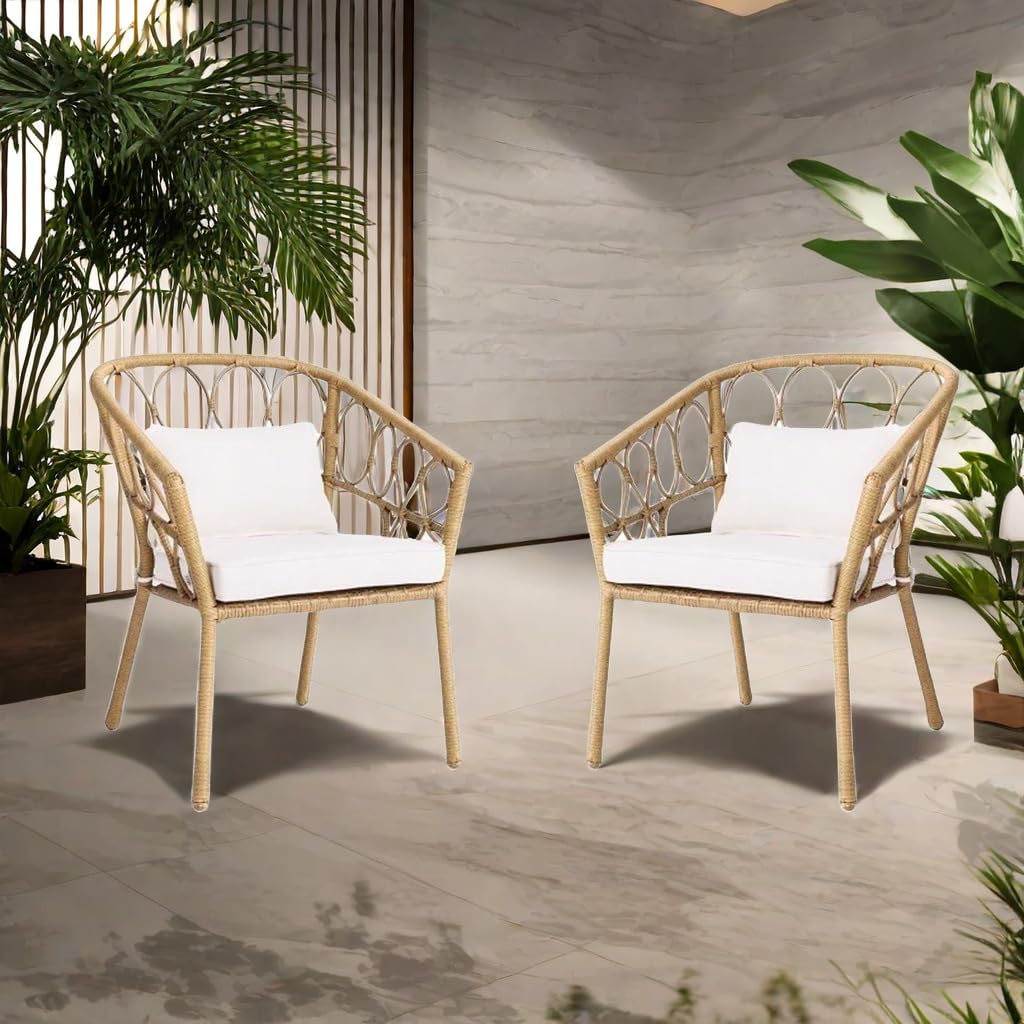 ME2 Outdoor Set of 4 Patio Dining Chairs, Bamboo Wove Dinning Chairs with Cushion,Outdoor Seating Set for Backyard, Poolside, Balcony, Indoor,Garden