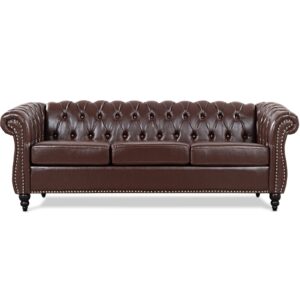 TINGMAMADEHUA Dark Brown Faux Leather 3-Seater Couch, 84in Sofas for Living Room, Bedroom, Office, with Rolled Arm, Deep Seating and Buttoned Classic Chesterfield Sofa