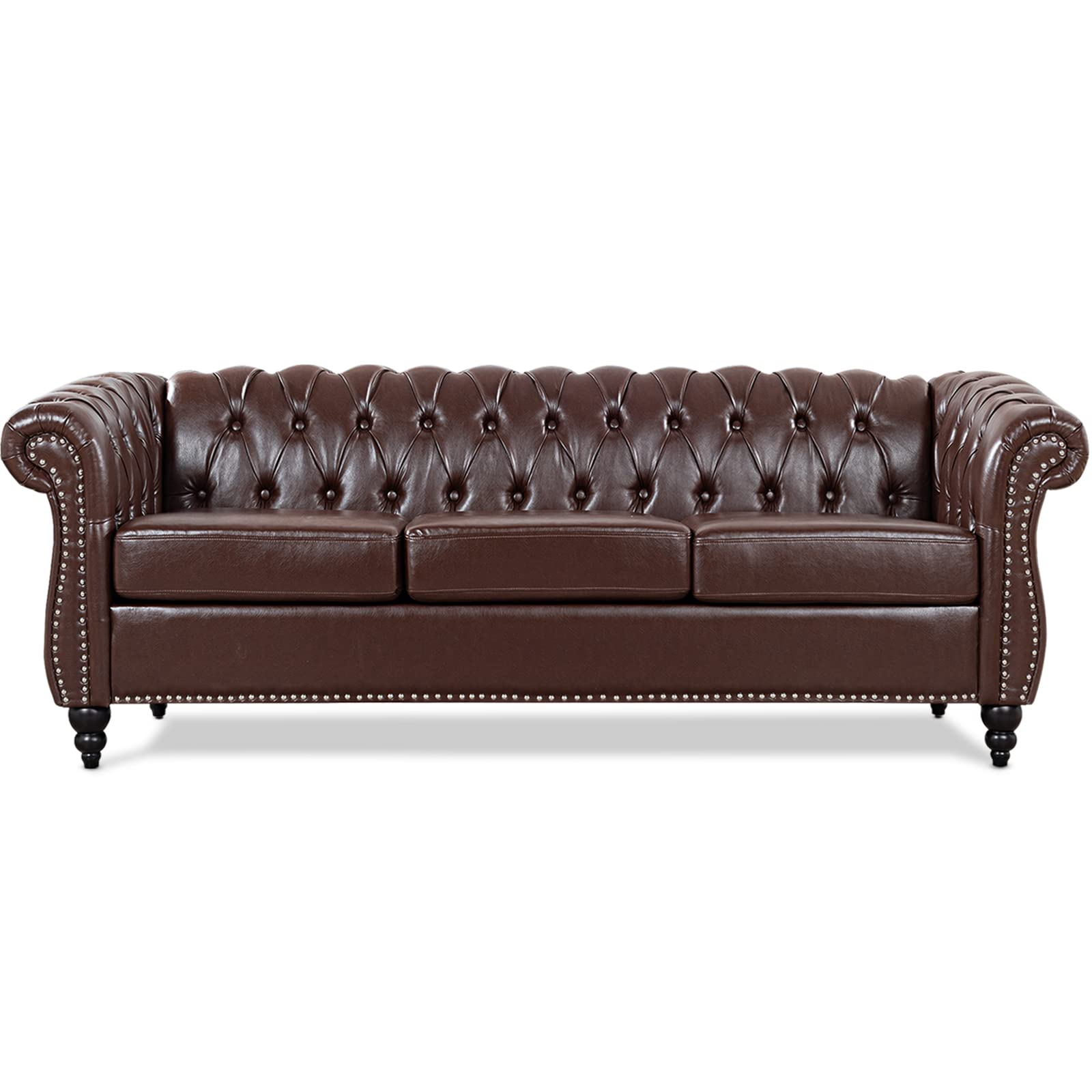 TINGMAMADEHUA Dark Brown Faux Leather 3-Seater Couch, 84in Sofas for Living Room, Bedroom, Office, with Rolled Arm, Deep Seating and Buttoned Classic Chesterfield Sofa