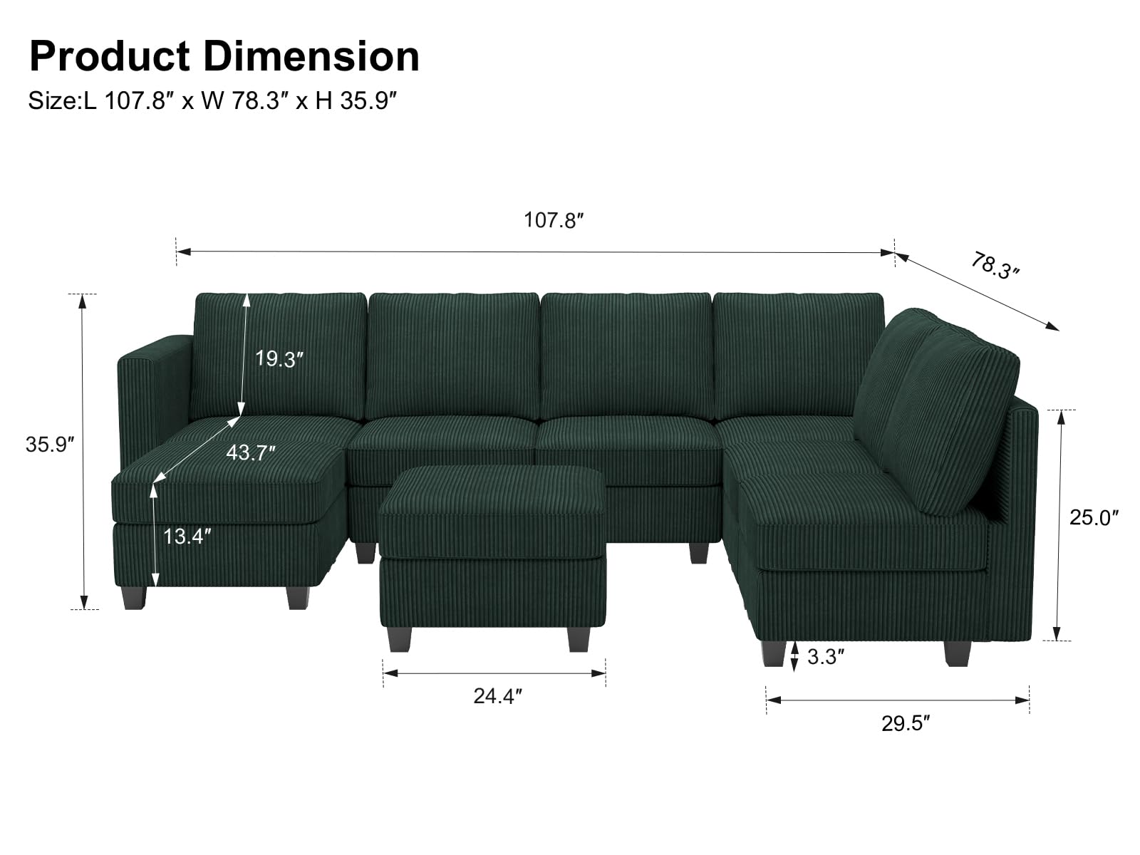 Belffin Oversized Modular Couch with Storage Ottoman Large Corduroy Sectional Couch with Chaise Convertible Modern Sectional Sofa Couch Dark Green