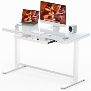 fitstand standing desk with glass desk top, 48 inches height adjustable desk with drawer,electric home office desk with usb charge ports& child lock, stand up computer desk