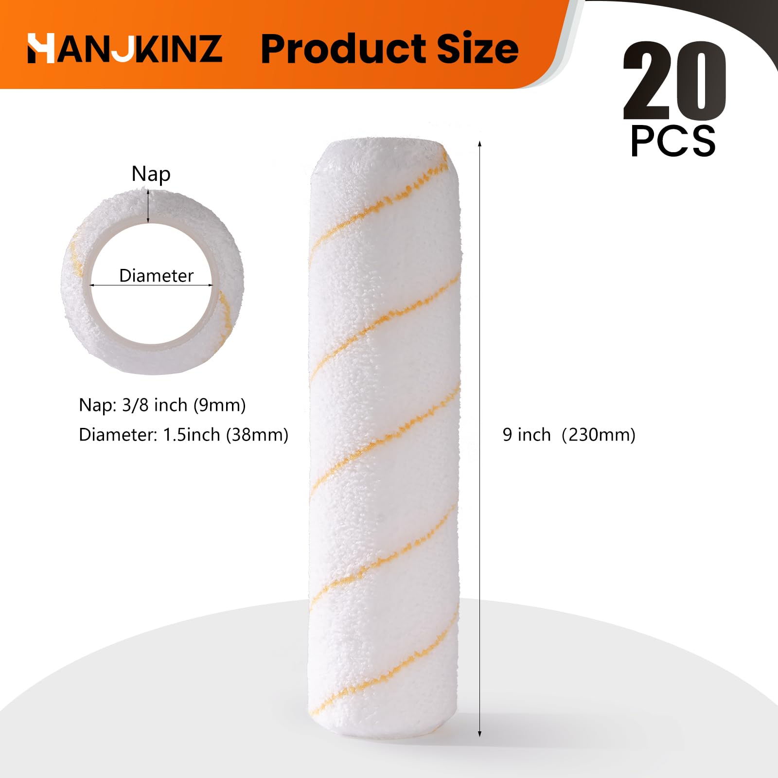 HANJKINZ 9 Inch Microfiber Paint Roller Covers, 20 Pack, Paint Rollers 9 Inch (3/8" Nap), Large Paint Rollers, Paint Supplies for Painting Walls