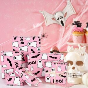 12 Sheets Pink Ghost and Boo Wrapping Paper Halloween Pink Ghost Bat Boo Pattern Wrap Paper Cute Ghost Paper for Happy Boo Day Girls Baby Shower Birthday Party DIY Crafts Gift Wrapping