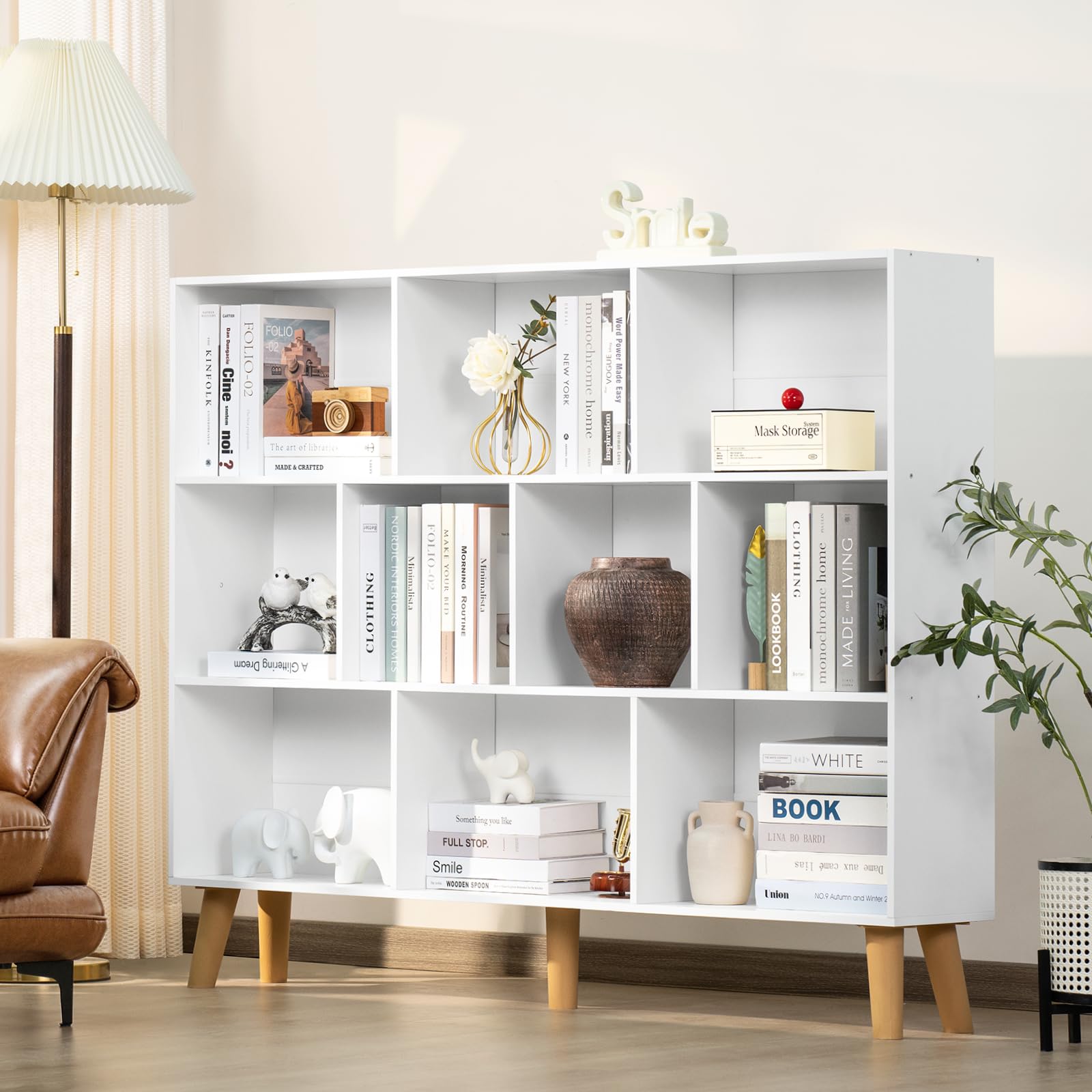 YAHARBO 10 Cube Large Bookshelf,3 Tier Bookcase with Legs,White Mid-Century Modern Bookshelves,Wide Free Standing Open Storage Organizer Shelf,Tall Wooden Book Case Furniture for Living Room,Office