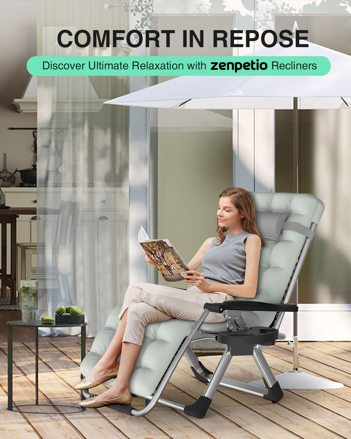 ZENPETIO Zero Gravity Lounge Chair, Outdoor Recliner Chair w/Detachable Cushion Cup Holder and Pillow, Portable Folding Anti Gravity Reclining Chair for Outdoor Camping Patio Lawn Pool, Gray