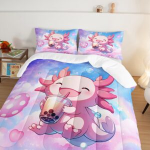 HOSIMA Pink Rainbow Comforter Set Twin Size,Cute Axolotl Drink Milk Tea Pattern Comforter Set Sea Animal Theme Bedding 3pcs for Kids Girls Room Decor,Kawaii Bedding Set with 2 Pillowcases.