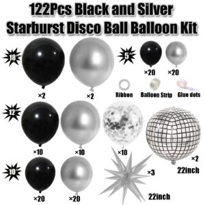 Black and Silver Balloon Garland Arch Kit with Disco Ball Foil Balloons, Silver Confetti Latex Balloons for Graduation Anniversary Birthday Party Decorations