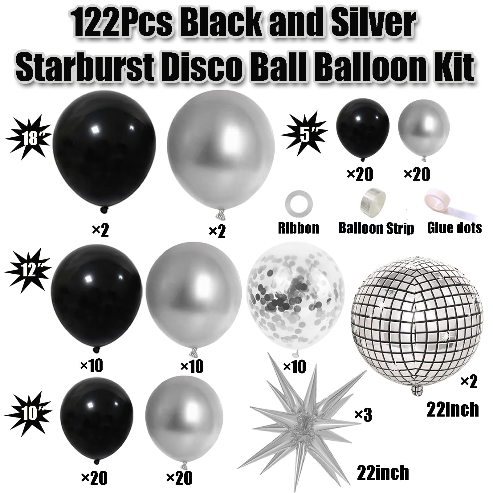 Black and Silver Balloon Garland Arch Kit with Disco Ball Foil Balloons, Silver Confetti Latex Balloons for Graduation Anniversary Birthday Party Decorations