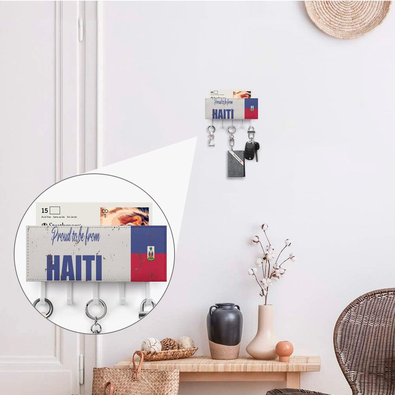 Proud to Be from Haiti Key Holder for Wall, Haiti National Flag Mail Holder and Key Rack for Entryway,Rustic Key Hangers with 5 Hooks, Wall Mount for Entryway, Mudroom, Hallway