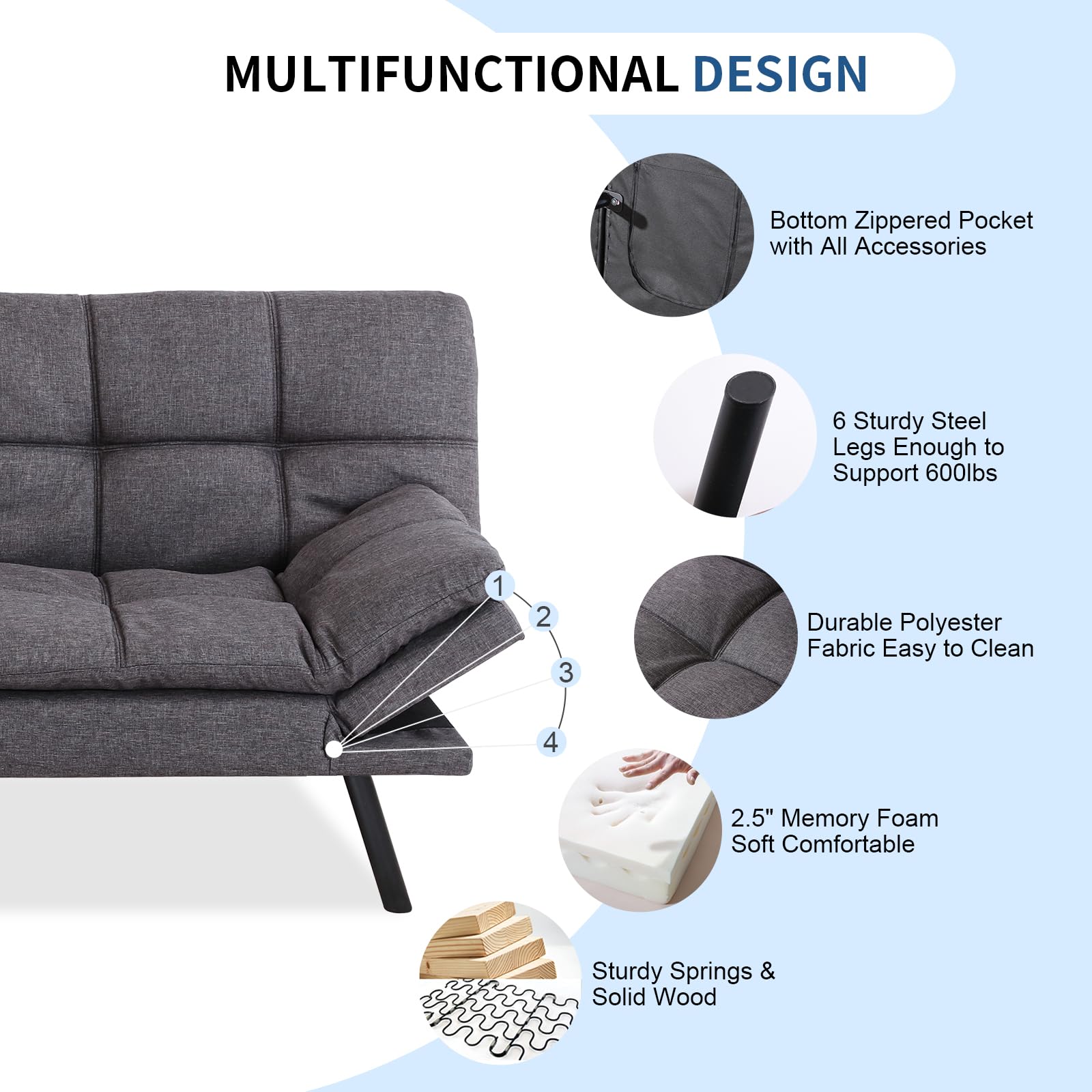 MUUEGM 71" Couches for Living room, Futon Sofa Bed with Memory Foam and Adjust Backrest, Sofa for Studios, Apartments, Dormitories, Offices and Game Rooms.Dark Grey Sofa