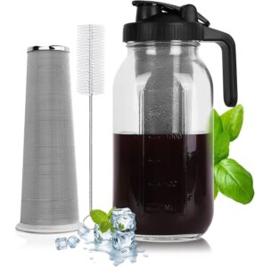 pnhytugy cold brew coffee maker - 64 oz heavy duty glass mason jar pitcher with stainless steel filter, pour spout handle lid, leak - proof design, ideal for iced coffee and tea - black