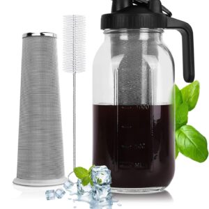 PNHYTUGY Cold Brew Coffee Maker - 64 Oz Heavy Duty Glass Mason Jar Pitcher with Stainless Steel Filter, Pour Spout Handle Lid, Leak - proof Design, Ideal for Iced Coffee and Tea - Black