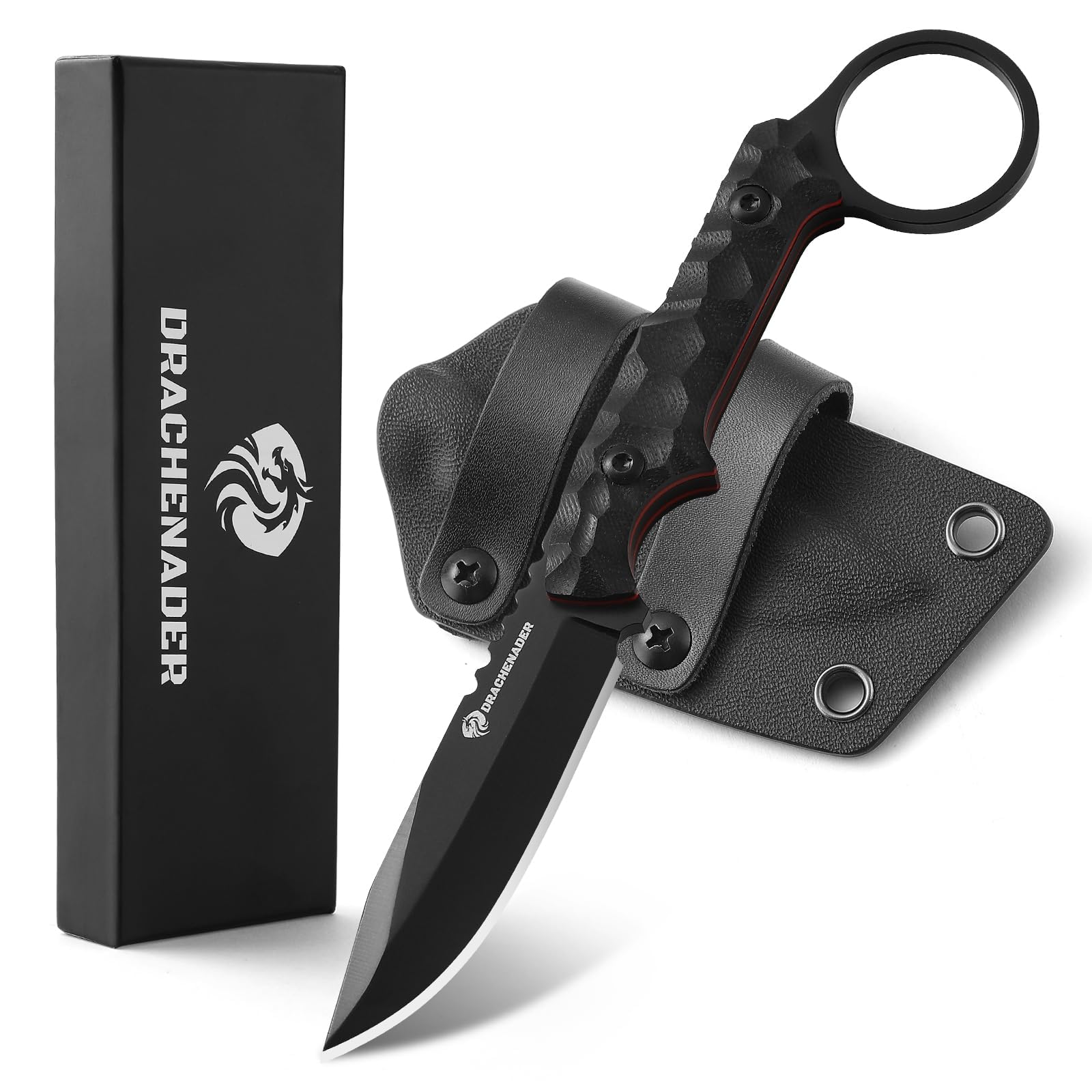 DRACHENADER EDC Fixed Blade Knife with Sheath 7.08" Small Horizontal Carry Knife with Kydex Sheath, Full Tang 5Cr13mov Stainless Steel, Black, Men Gifts for Birthday, Christmas, Father's Day