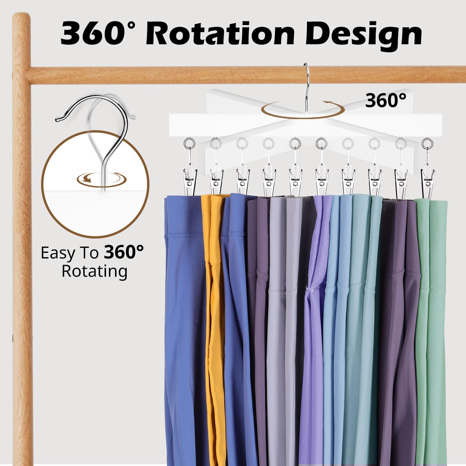 Leggings Organizer for Closet Hanging, 2 Packs Wooden Pants Hangers Hold Up to 20 Shorts, 360° Swivel Space Saving Closet Hanging Organizer for Hats, Underpants, Scarfs, White