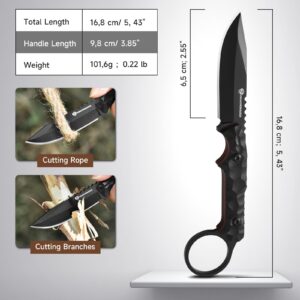 DRACHENADER EDC Fixed Blade Knife with Sheath 7.08" Small Horizontal Carry Knife with Kydex Sheath, Full Tang 5Cr13mov Stainless Steel, Black, Men Gifts for Birthday, Christmas, Father's Day