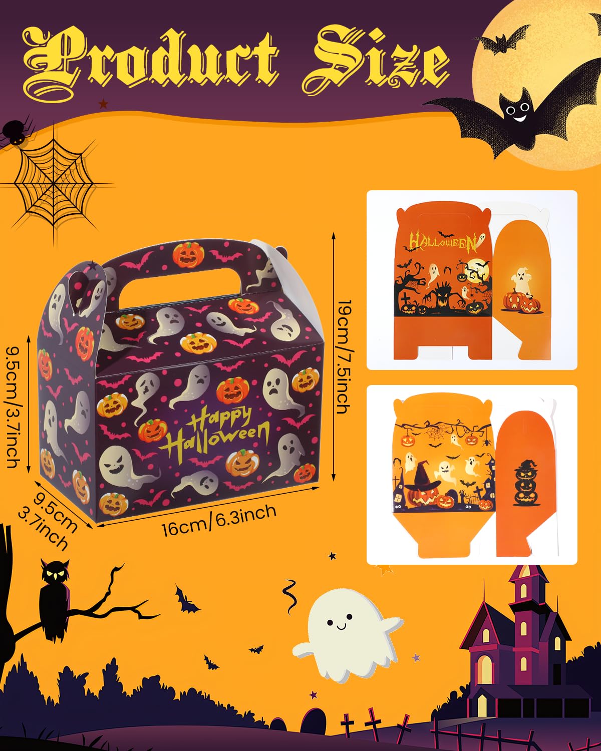 Liobelon 24 Pieces Halloween Treat Boxes Trick or Treat Bags Halloween Goodie Bags Halloween Cookies Goodie Boxes With Handles Ghost Gift Boxes Halloween Party Supplies for Sweets, Toys, Pastry, Gifts