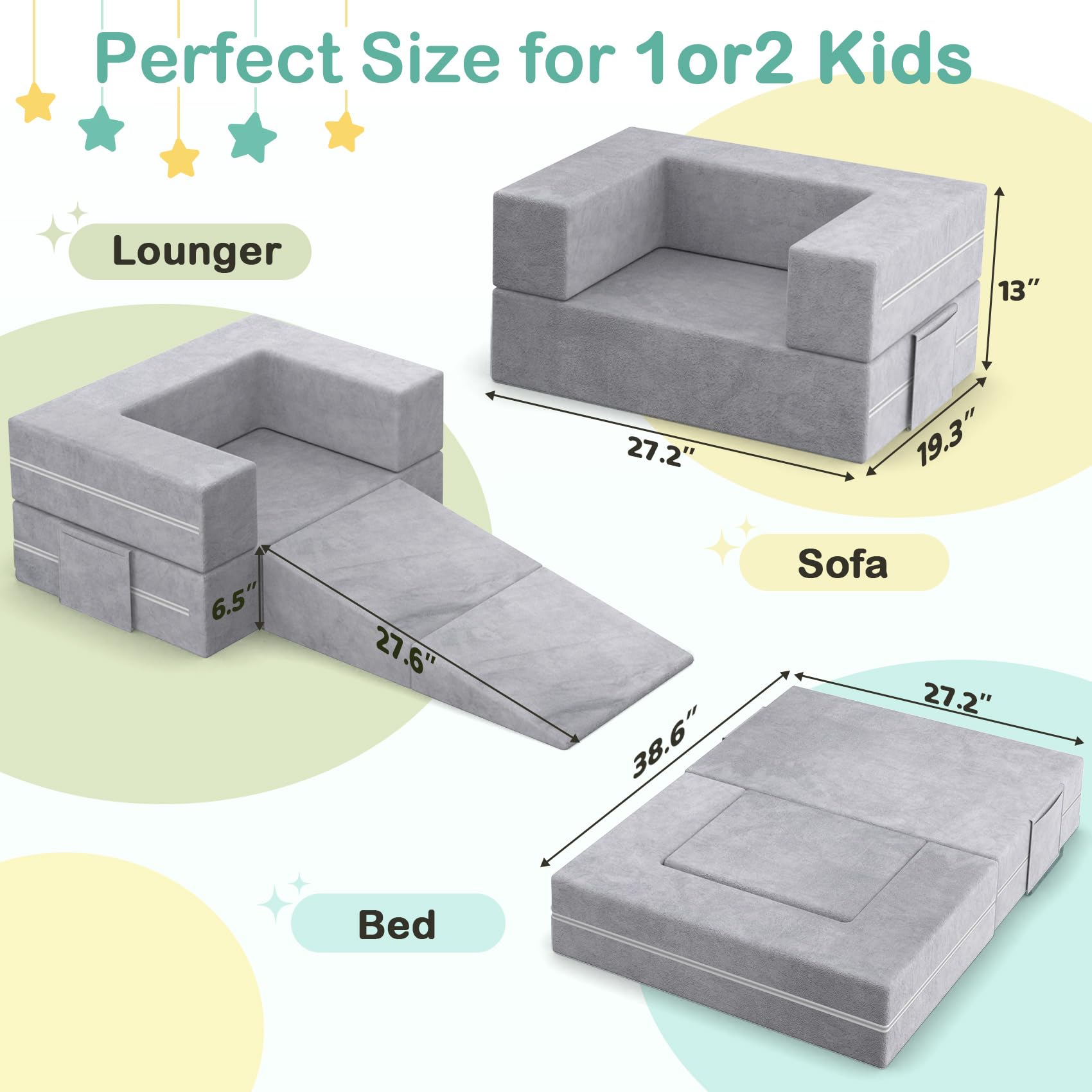 BIERUM Toddler Couch with Blanket, 3-in-1 Kids Couches and Sofas Fold Out, Convertible Sofa to Playful Slide for Girls and Boys, Extra Softer Kids Sofa Chair for Bedroom Playroom