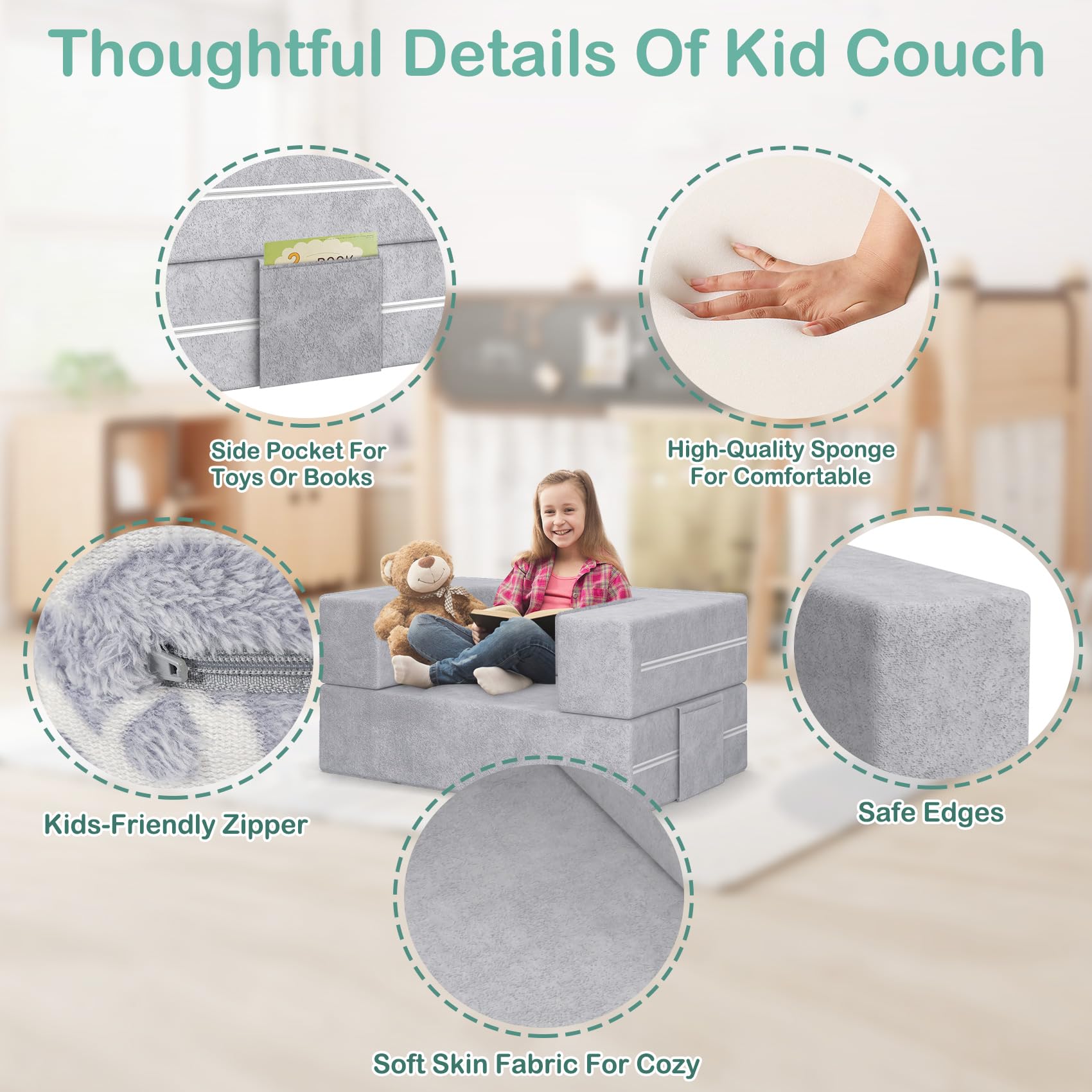 BIERUM Toddler Couch with Blanket, 3-in-1 Kids Couches and Sofas Fold Out, Convertible Sofa to Playful Slide for Girls and Boys, Extra Softer Kids Sofa Chair for Bedroom Playroom