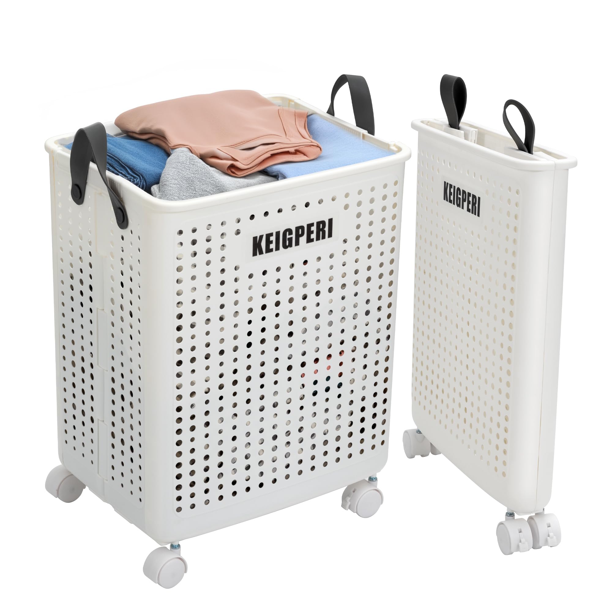 KEIGPERIcollapsible laundry baskets,laundry basket with wheels,foldable laundry basket,With wheels and handles, it is easy to move and can be folded to save space. (White, large)