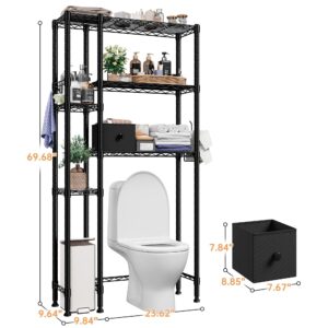 REIBII Over The Toilet Storage Cabinet, 6 Tier Over The Toilet Shelf with Adjustable Feet, Bathroom Over Toilet Storage with 4 Hooks & 2 Paper Holders, Black