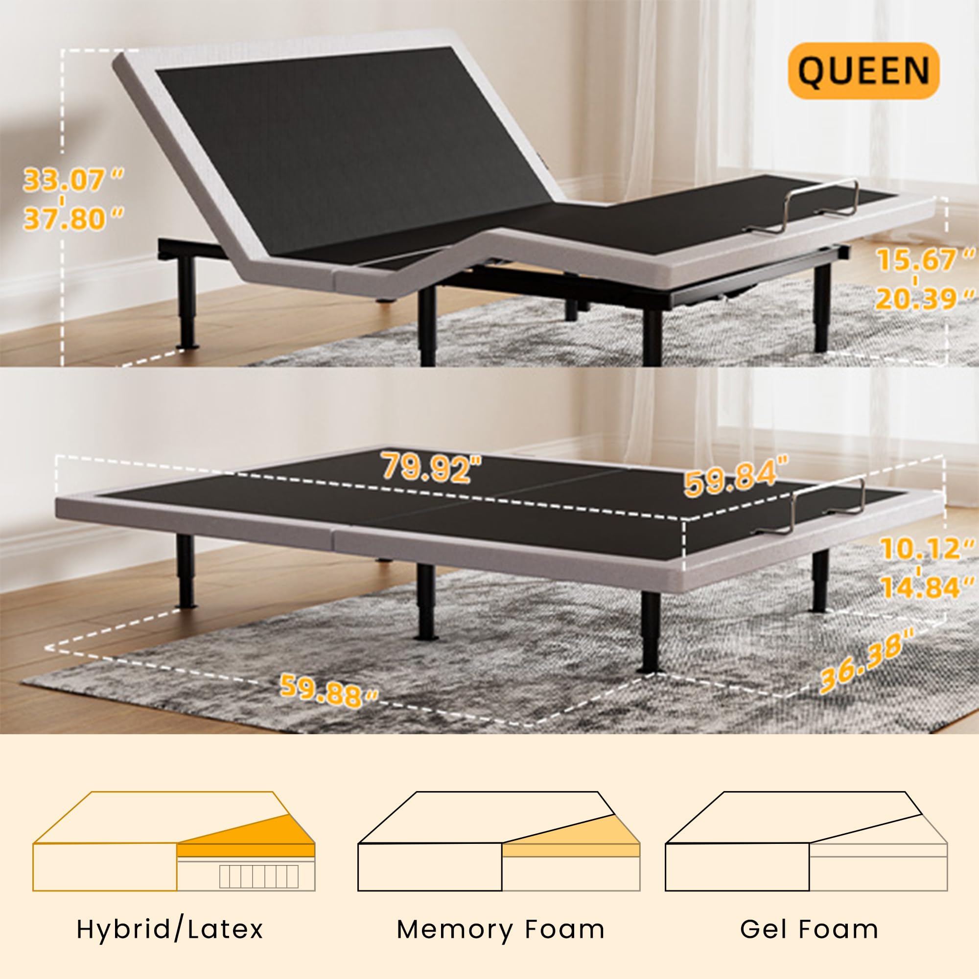 Yireehome Electric Queen Adjustable Bed Frame with Wireless Remote, Head Foot Incline, USB, Underbed Light - Heavy Duty Platform, Easy Assembly, Zero Gravity - Bedframe Basic with Quiet Motor