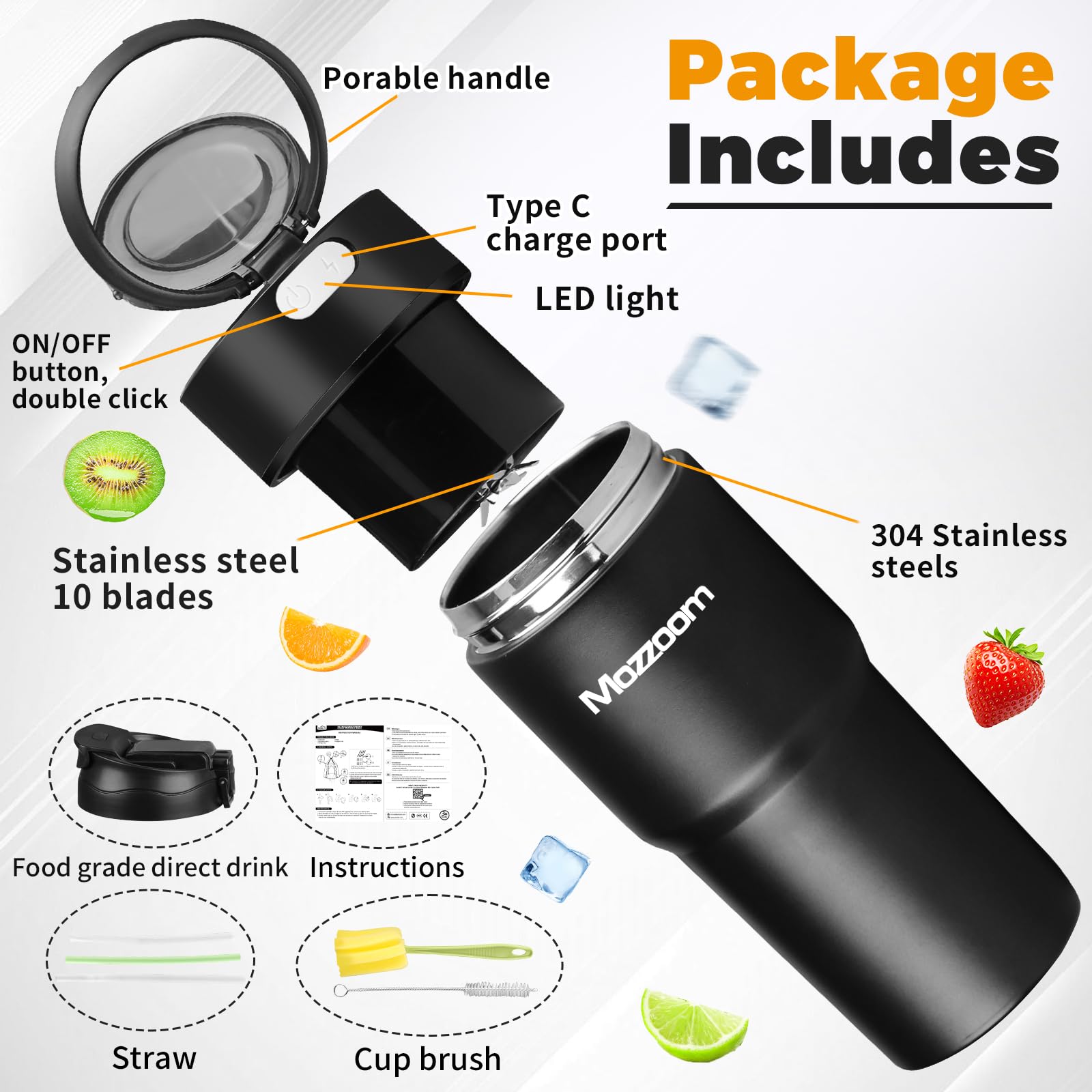 Portable Blender for Smoothies and Shakes,Personal Blender, 15 oz Vacuum Insulated Stainless Steel Keep Cold or Hot,BPA Free,USB Rechargeable,Travel Blender for Anywhere,Black（1 Pack)