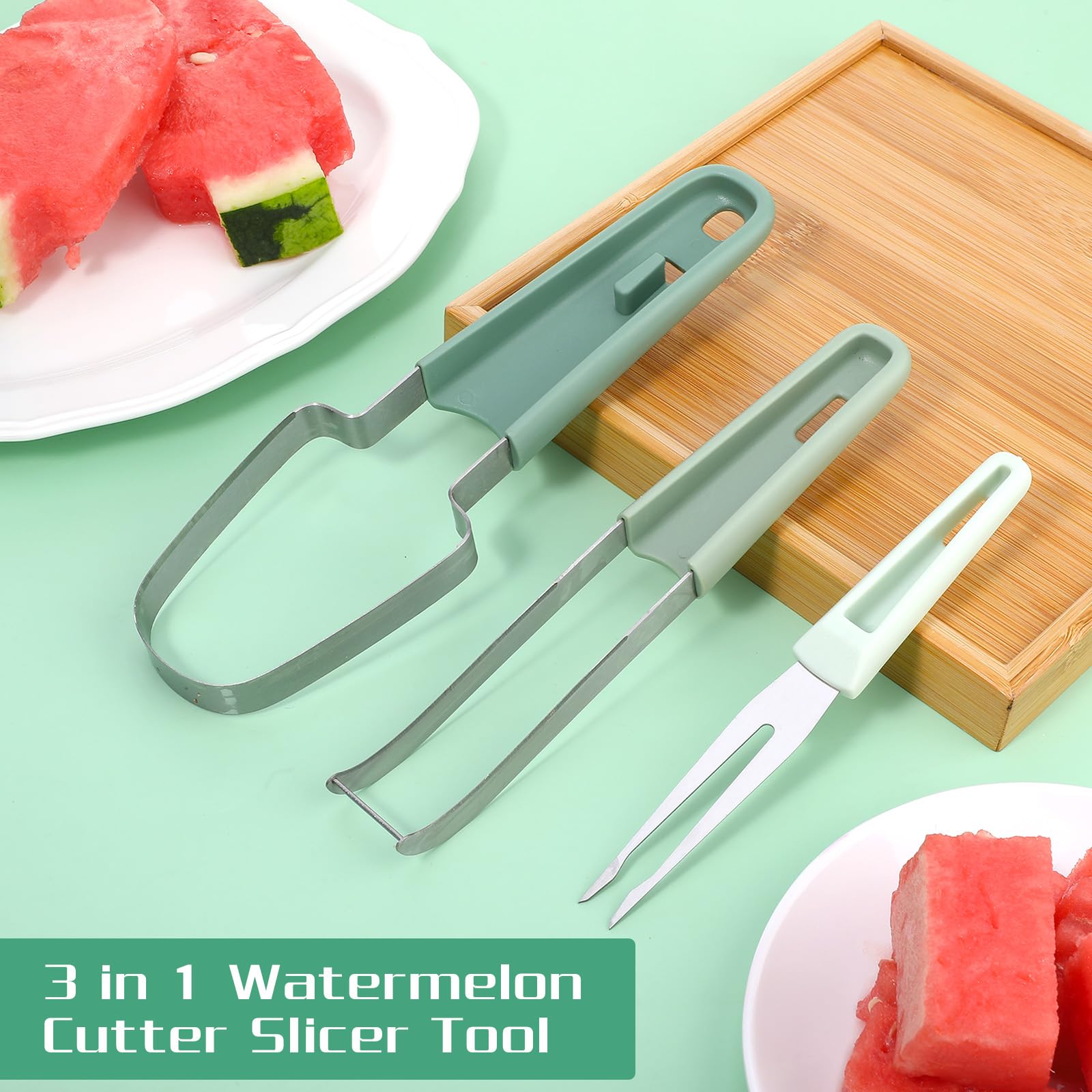 Andibro 3-in-1 Watermelon Fork Slicer Cutter, Stainless Steel Watermelon Popsicle Cutter Metal Melon Cutter Knife Portability Watermelon Cutter Slicer Tool for Camping Kitchen Gadgets(green)