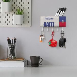 Proud to Be from Haiti Key Holder for Wall, Haiti National Flag Mail Holder and Key Rack for Entryway,Rustic Key Hangers with 5 Hooks, Wall Mount for Entryway, Mudroom, Hallway