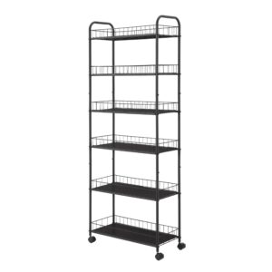 diyrap 6 tier slim rolling storage cart, mobile shelving unit with wheels, metal wire storage shelving rack with baskets for kitchen bathroom office laundry narrow piaces-black