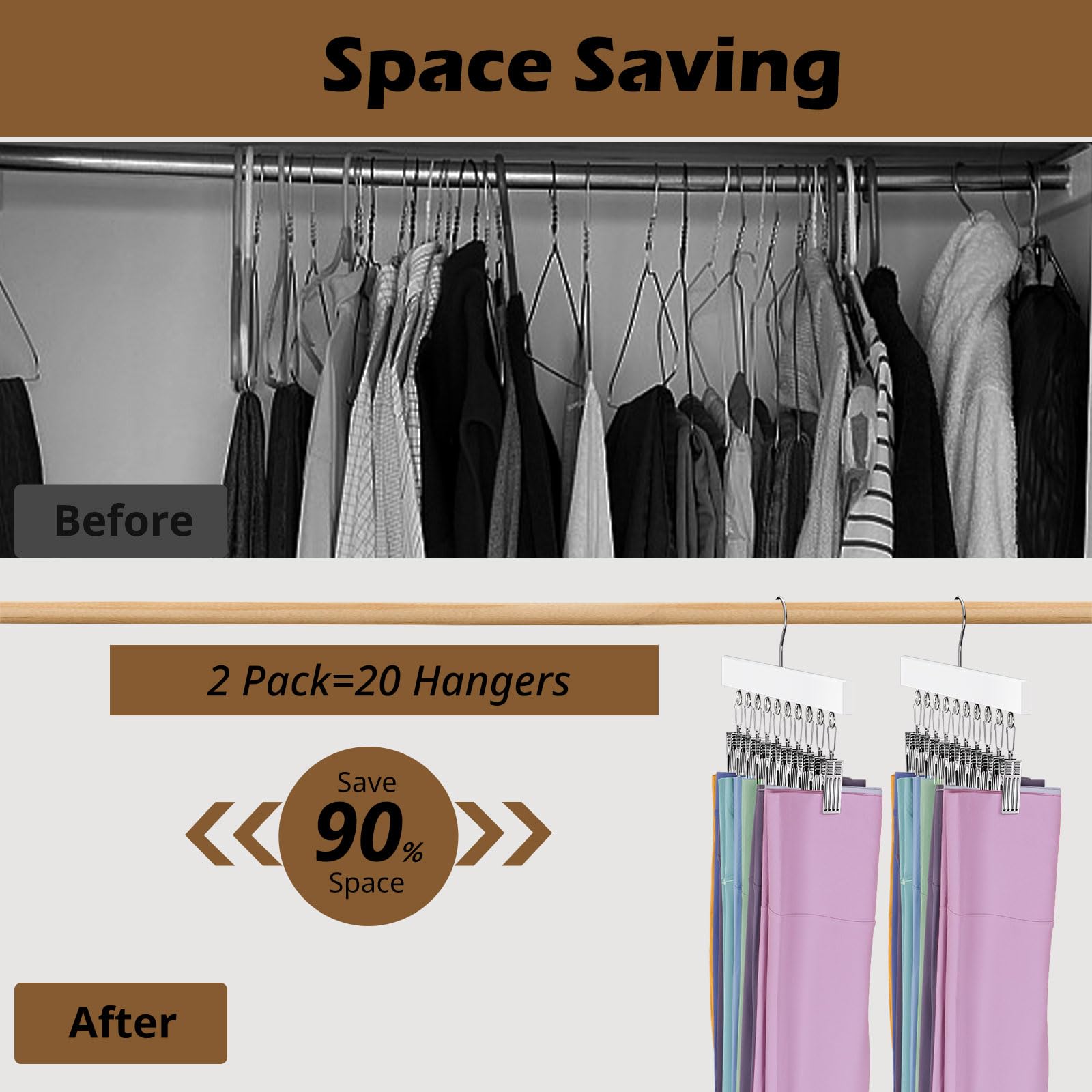 Leggings Organizer for Closet Hanging, 2 Packs Wooden Pants Hangers Hold Up to 20 Shorts, 360° Swivel Space Saving Closet Hanging Organizer for Hats, Underpants, Scarfs, White