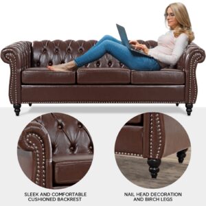 TINGMAMADEHUA Dark Brown Faux Leather 3-Seater Couch, 84in Sofas for Living Room, Bedroom, Office, with Rolled Arm, Deep Seating and Buttoned Classic Chesterfield Sofa