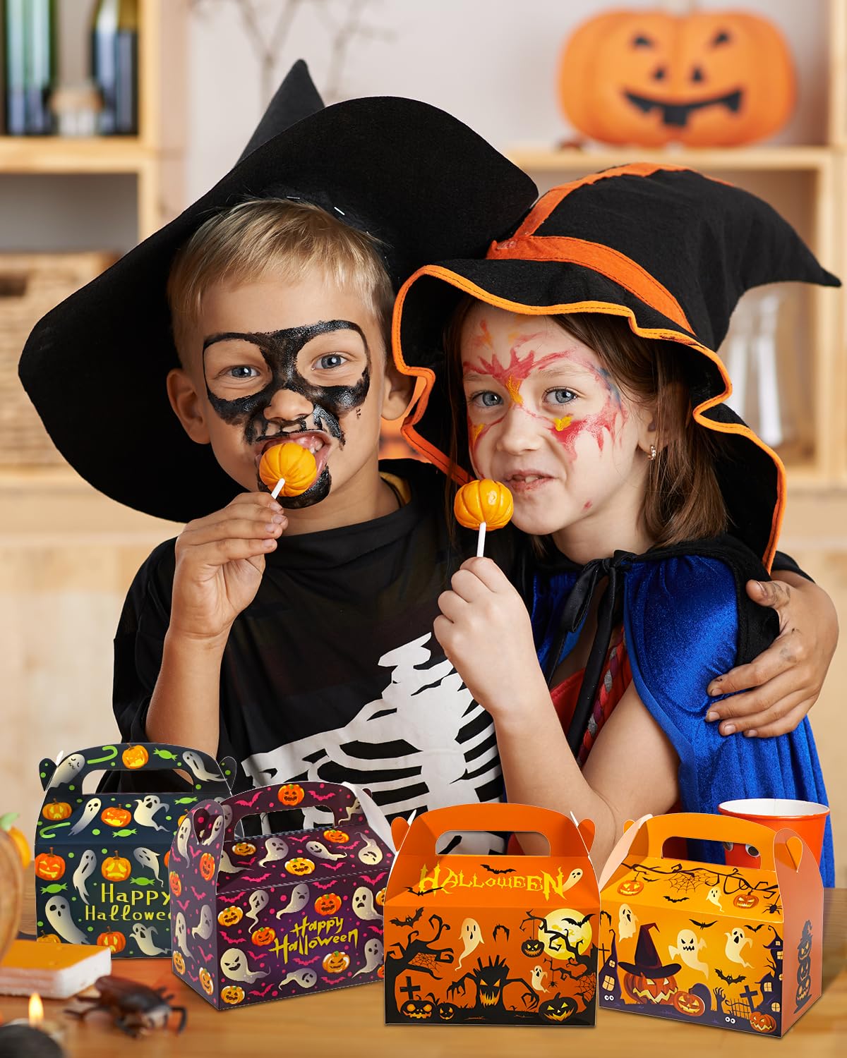 Liobelon 24 Pieces Halloween Treat Boxes Trick or Treat Bags Halloween Goodie Bags Halloween Cookies Goodie Boxes With Handles Ghost Gift Boxes Halloween Party Supplies for Sweets, Toys, Pastry, Gifts