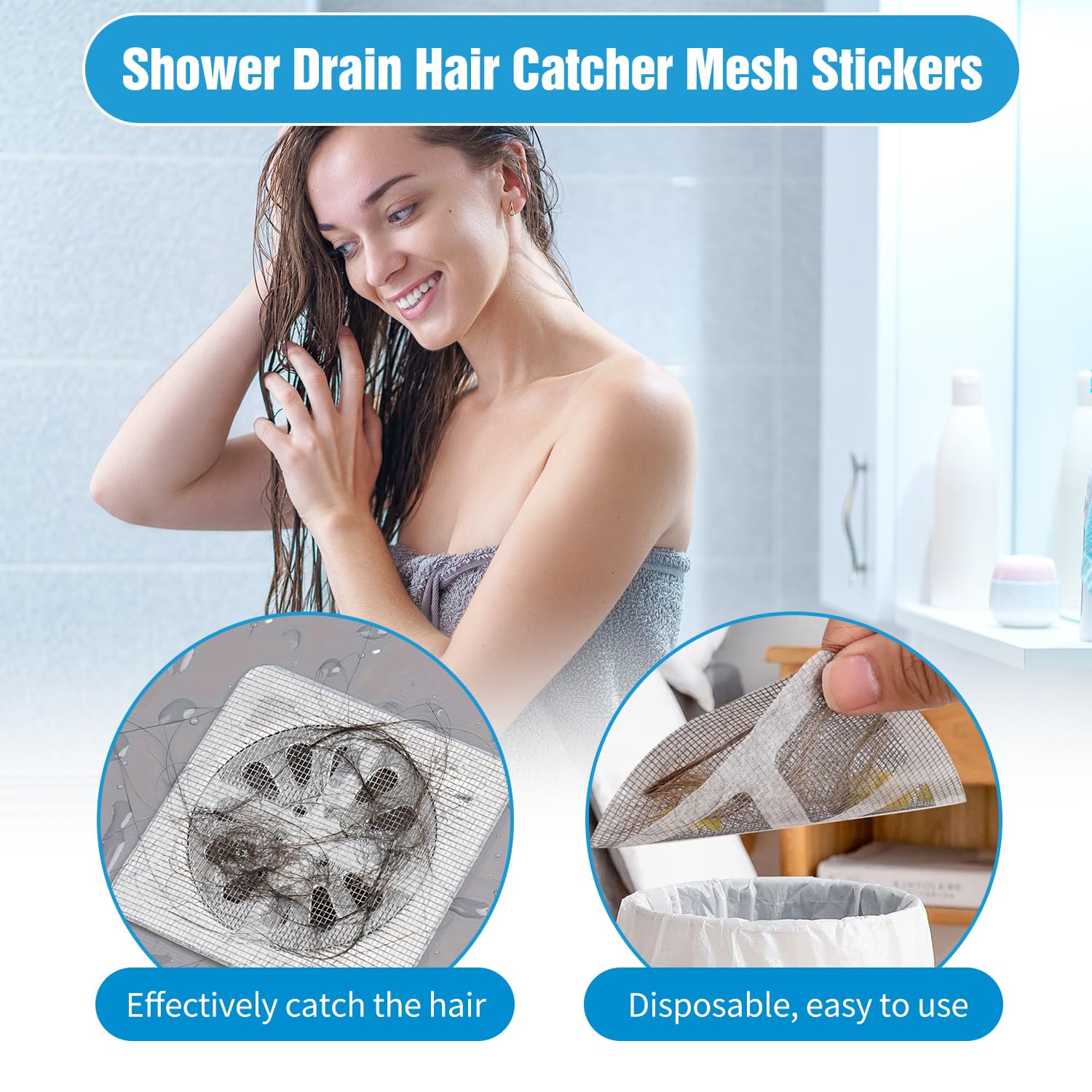 Disposable Shower Drain Cover Hair Catcher, 2024 New Shower Drain Hair Catcher Mesh Stickers, 4 in X 4 in Disposable Shower Drain Hair Catcher Floor Drain Sticker for Shower Kitchen (50 PCS)