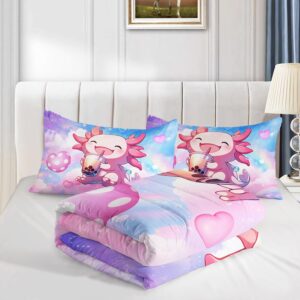 HOSIMA Pink Rainbow Comforter Set Twin Size,Cute Axolotl Drink Milk Tea Pattern Comforter Set Sea Animal Theme Bedding 3pcs for Kids Girls Room Decor,Kawaii Bedding Set with 2 Pillowcases.