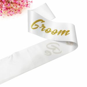 Ashaqshnglee Groom to Be Sash, Groom Sash Bachelor Party Funny Accessory for Future Groom Wedding Gift Idea from Bride to Be White Gold