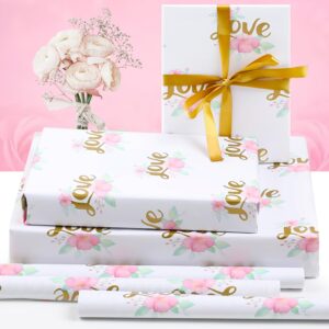 Wedding Wrapping Paper, Gold Love With Pink Floral White Groom Gift Wrap Folded Flat 5 Sheets 20x28 inches Per Sheet With Ribbon for Wedding Shower, Bridal Shower, Engagements, Birthday, Anniversary