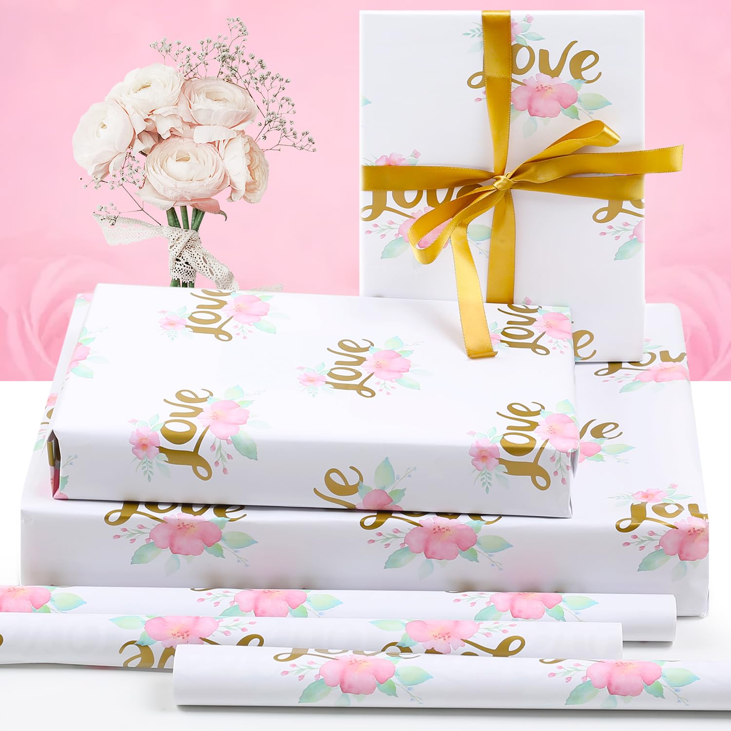 Wedding Wrapping Paper, Gold Love With Pink Floral White Groom Gift Wrap Folded Flat 5 Sheets 20x28 inches Per Sheet With Ribbon for Wedding Shower, Bridal Shower, Engagements, Birthday, Anniversary