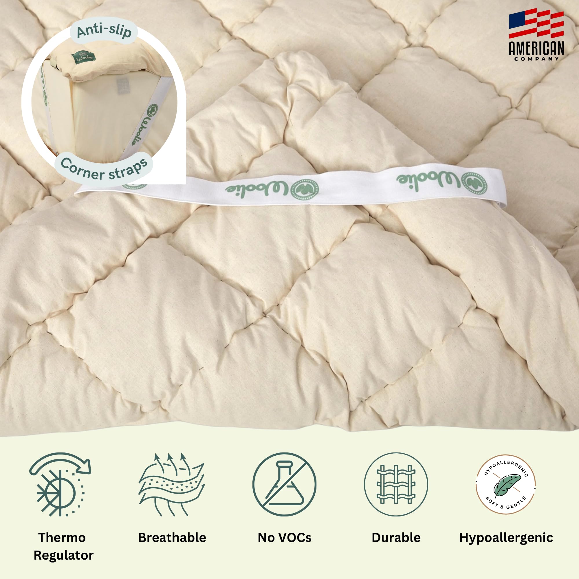 Woolie Organic Merino Wool Mattress Topper - 2 inches Pillow Top Mattress Pad, Handmade, Non-Toxic, Cooling & Hypoallergenic, Natural Relief for Back Pain, Sustainable Bedding (King)